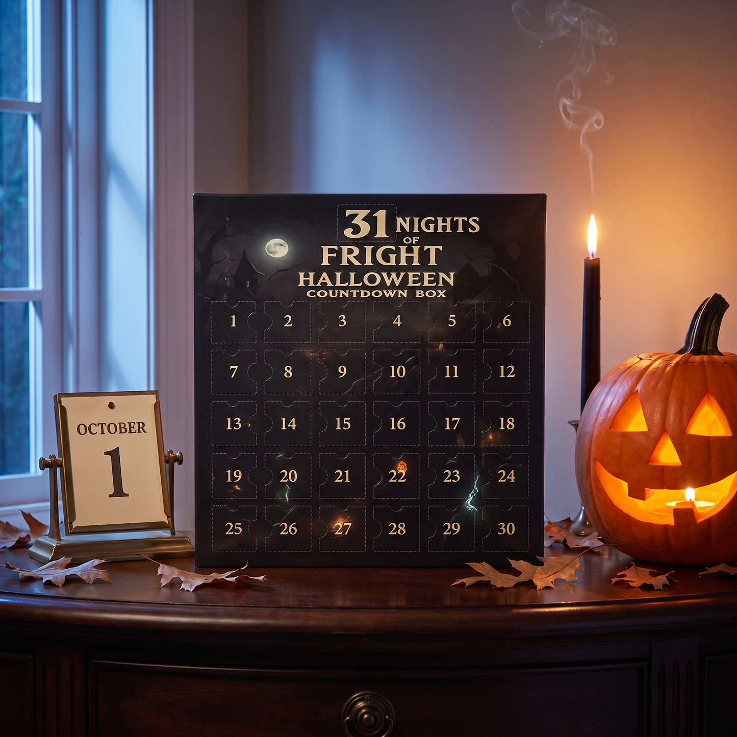 The countdown box beside an October 1 desk calendar and a lit jack-o-lantern, ready for the countdown to begin
