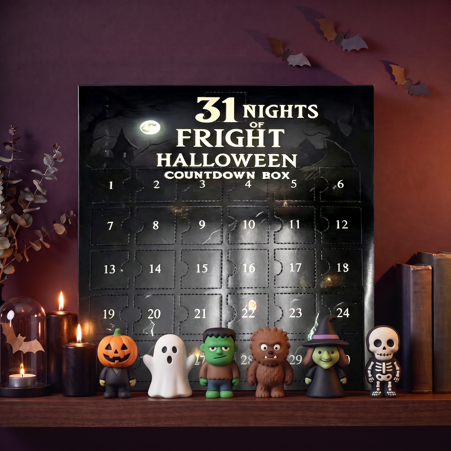 The countdown box styled on a shelf with black candles, paper bats and six collectible figures on display