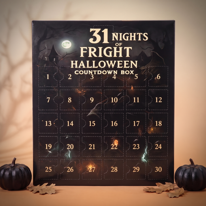 31 Nights of Fright Halloween countdown box showing all 30 numbered doors and the 31 title panel, styled with black pumpkins and autumn leaves