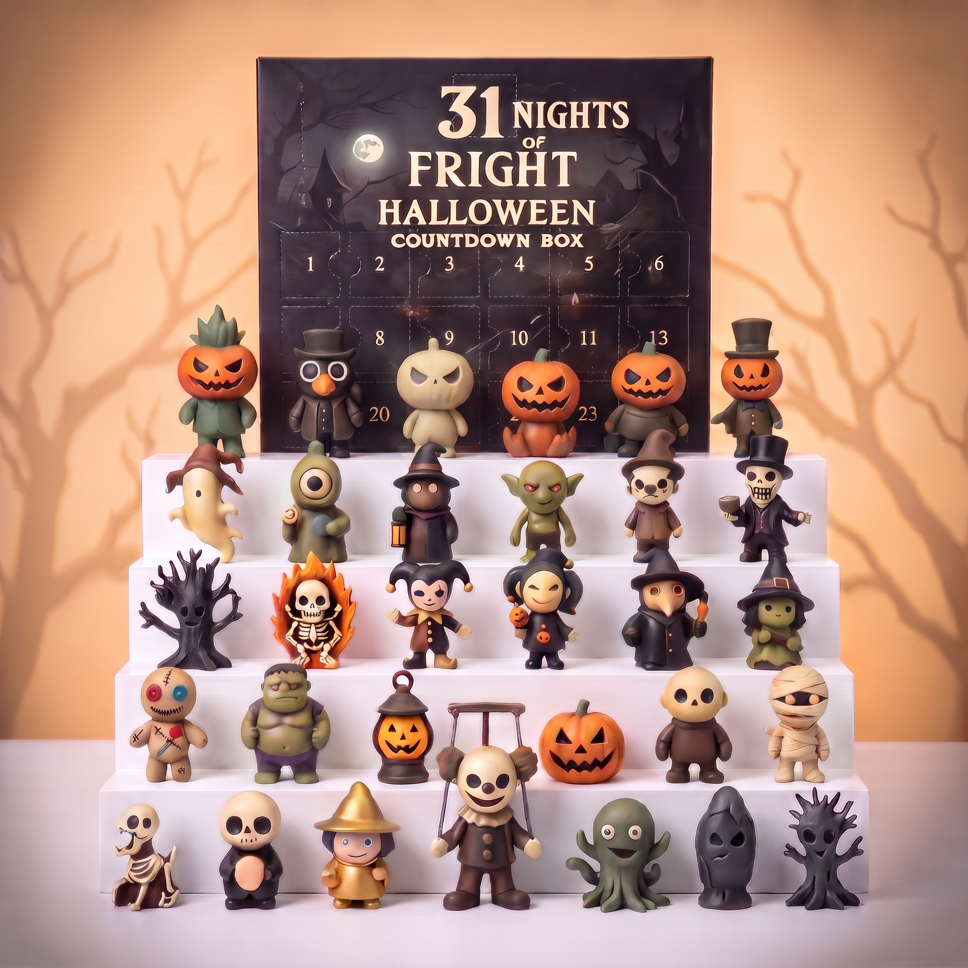Everything included: all 31 Halloween collectible figures laid out on tiered risers with the countdown box behind