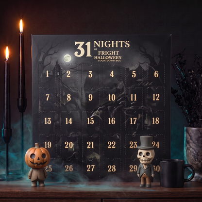 The countdown box lit by black taper candles with two collectible figures beside it