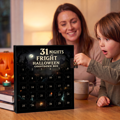 A child opening a door of the countdown box at the kitchen table while a parent watches
