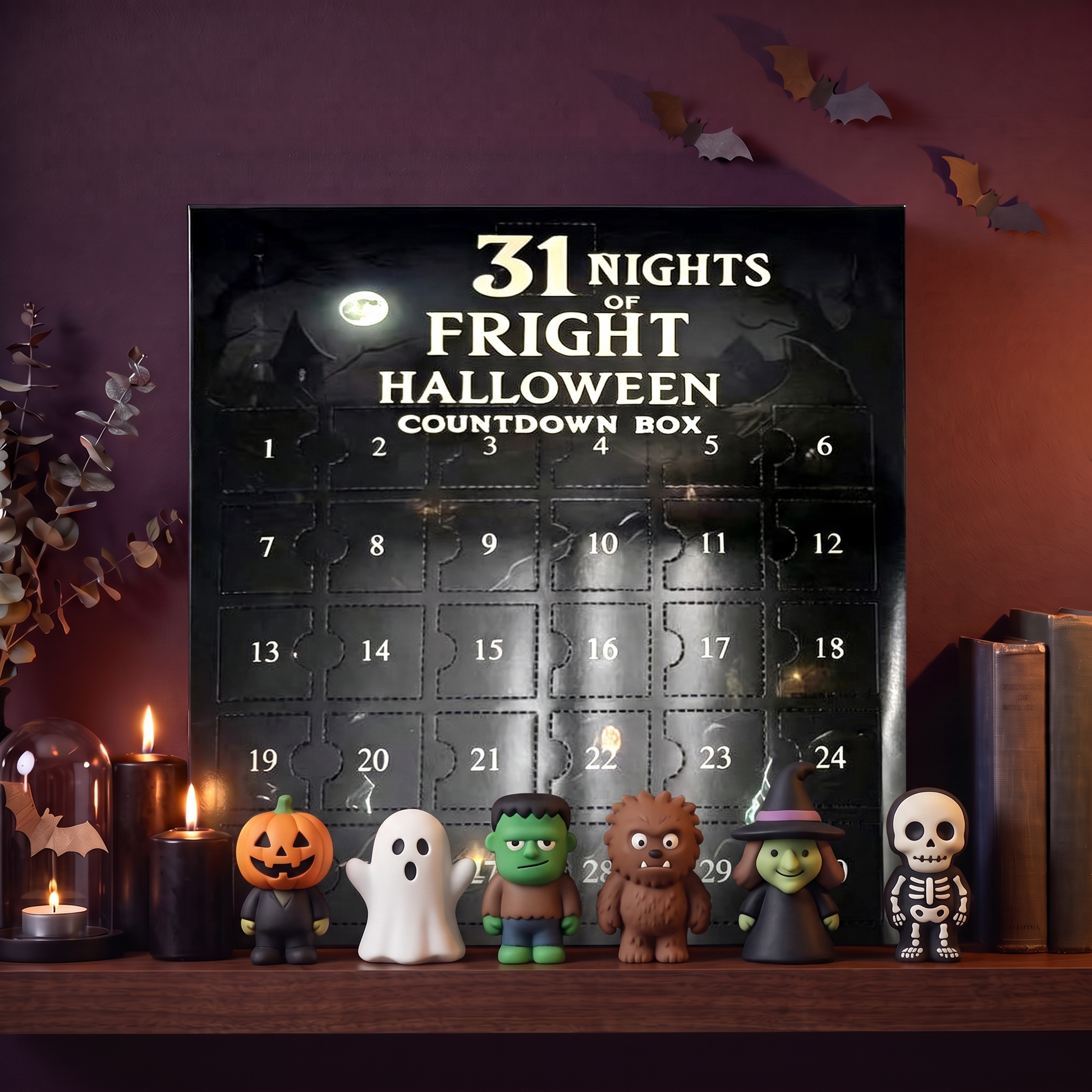 The countdown box styled on a shelf with black candles, paper bats and six collectible figures on display