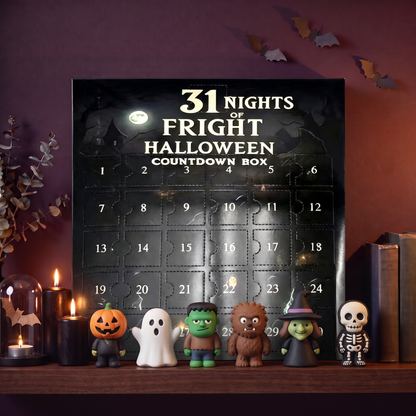 The countdown box styled on a shelf with black candles, paper bats and six collectible figures on display