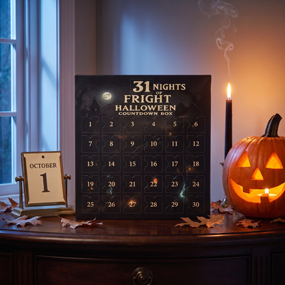 The countdown box beside an October 1 desk calendar and a lit jack-o-lantern, ready for the countdown to begin