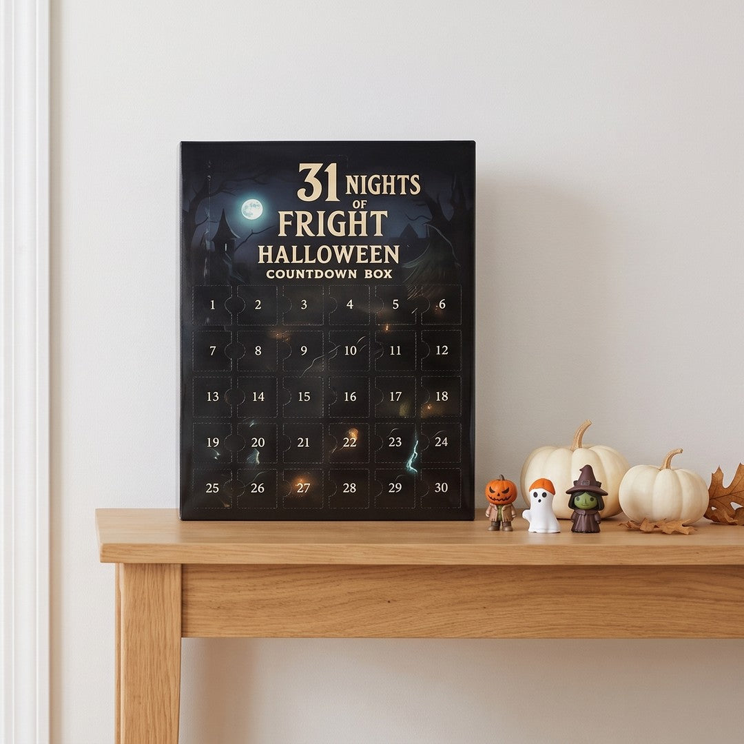 31 Nights of Fright Halloween countdown box on a console table