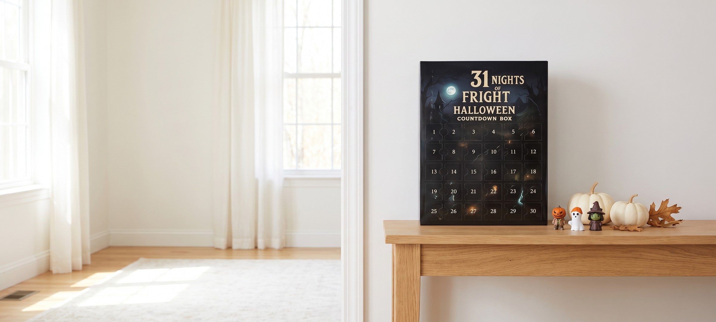 The 31 Nights of Fright Halloween countdown box on a console table in a bright sunlit living room, with mini pumpkins and three collectible figures