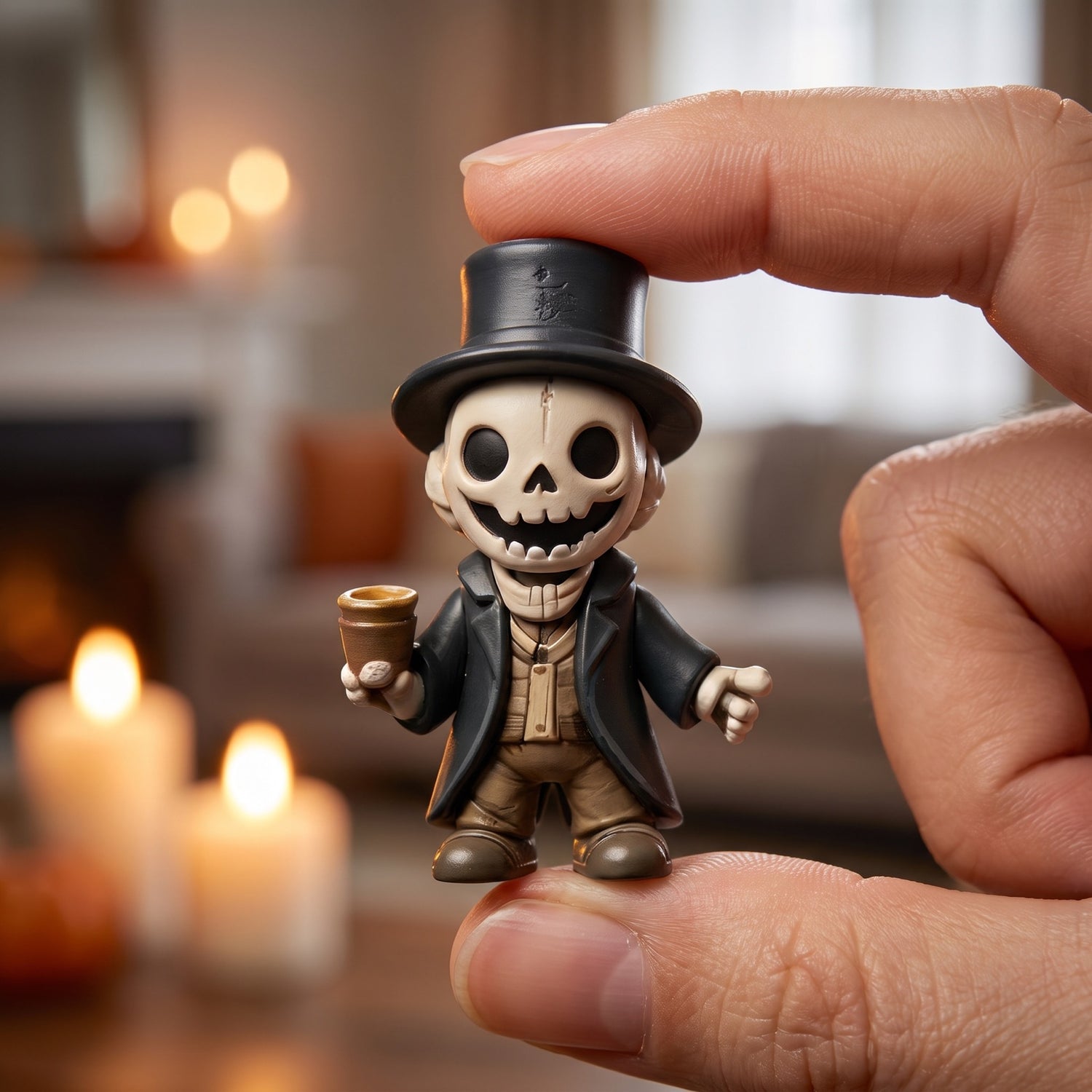 A single hand-painted horror figure held between two fingers